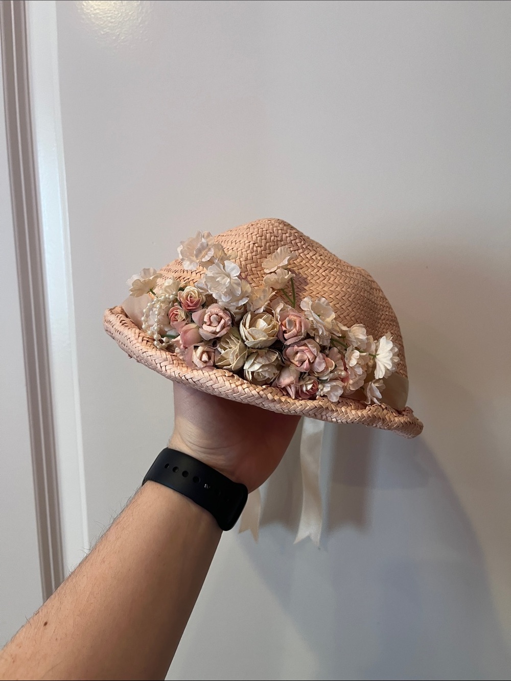 Girl Floral Pink Straw Sun Hat with Ribbon